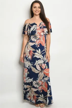 Navy Blue Leaf Print Plus Size Maxi Dress