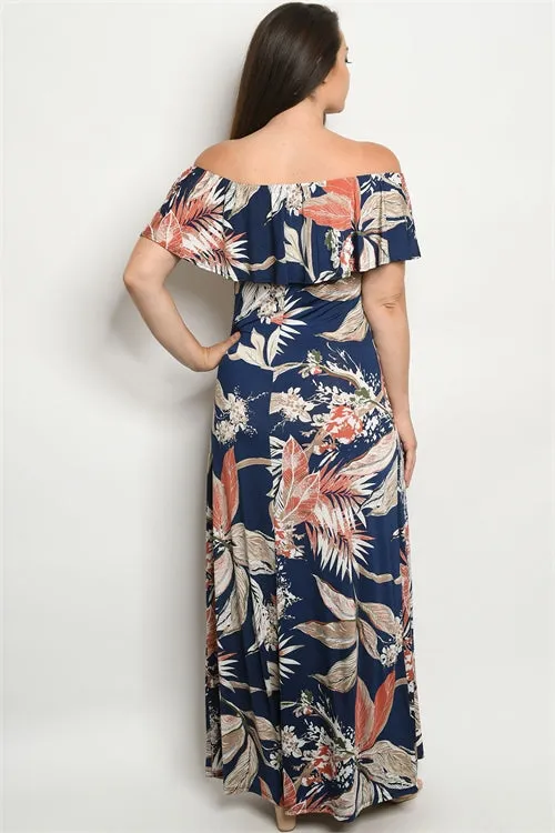 Navy Blue Leaf Print Plus Size Maxi Dress