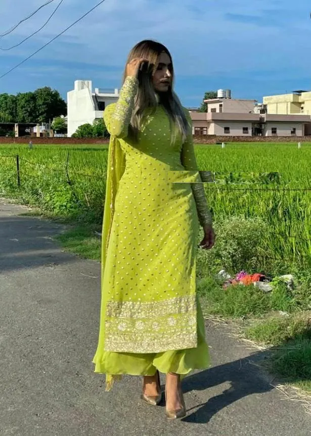 Neon Green Georgette Silk Zari Embroidery Work Sharara Suit