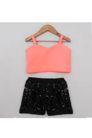 Neon Pink Crop Top With Sequins Detailing Shorts Set