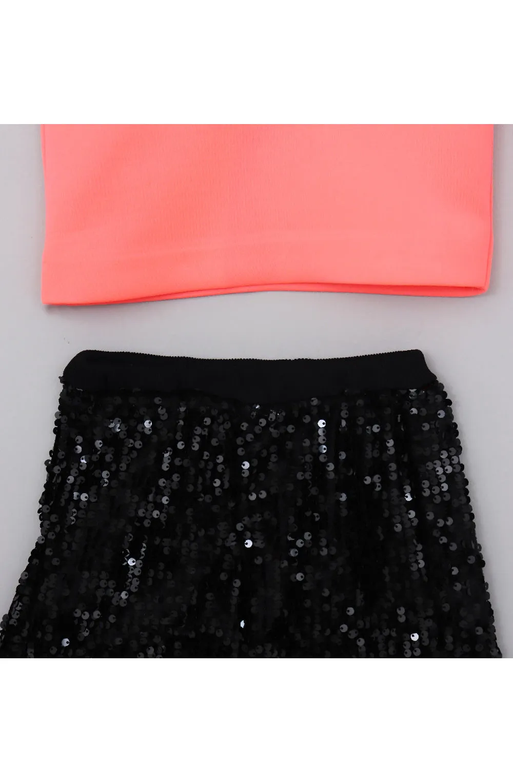 Neon Pink Crop Top With Sequins Detailing Shorts Set