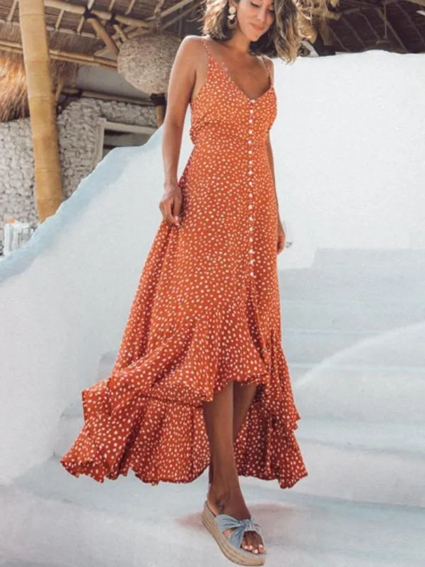 New Holiday Wind Sling V-neck Ruffled Wave Dot Print Bohemian Maxi Dress Long Skirt