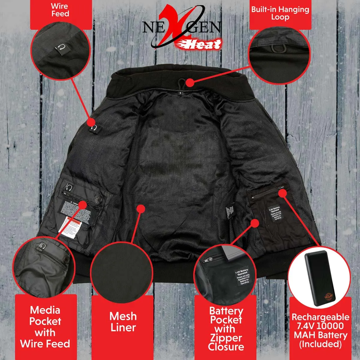 Nexgen Heat MPL2713SET Women Black 'Heated' Front Zipper Fiery Hoodie Jacket for Outdoor Activities w/ Battery Pack