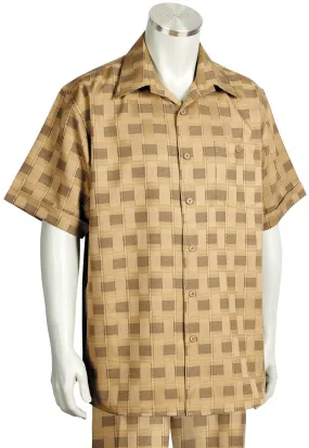 Offset Stitch Grids Short Sleeve 2pc Walking Suit Set - Camel