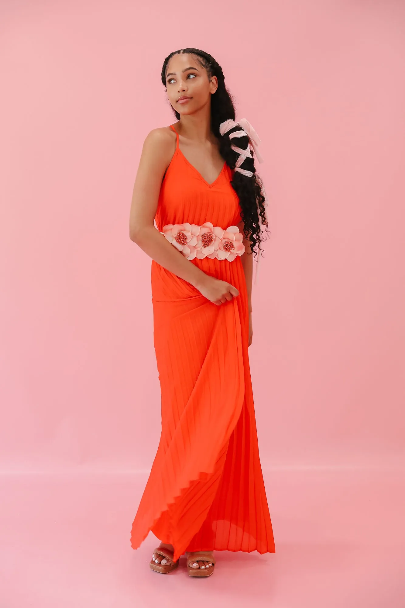 ORANGE PLEATED MAXI DRESS