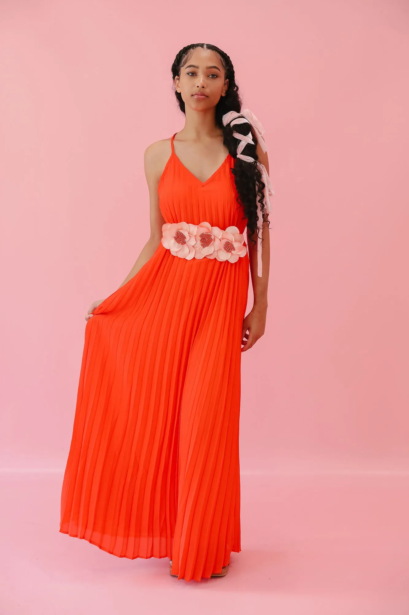 ORANGE PLEATED MAXI DRESS