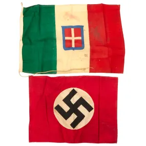 Original WWII European Axis Powers Small Flag Set: German NSDAP Flag & Kingdom of Italy Flag With Savoy Coat of Arms