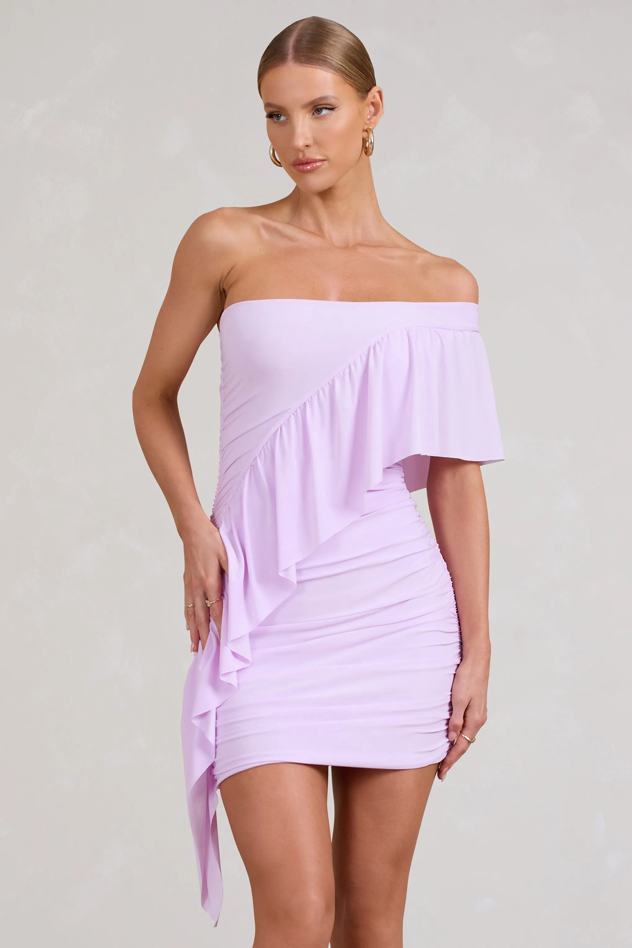 Parfait | Lilac Asymmetric Ruched Mini Dress With Statement Ruffles