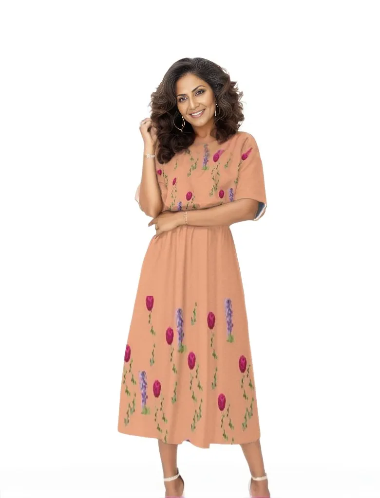 Peach Floral Womens Elastic Waist Dress