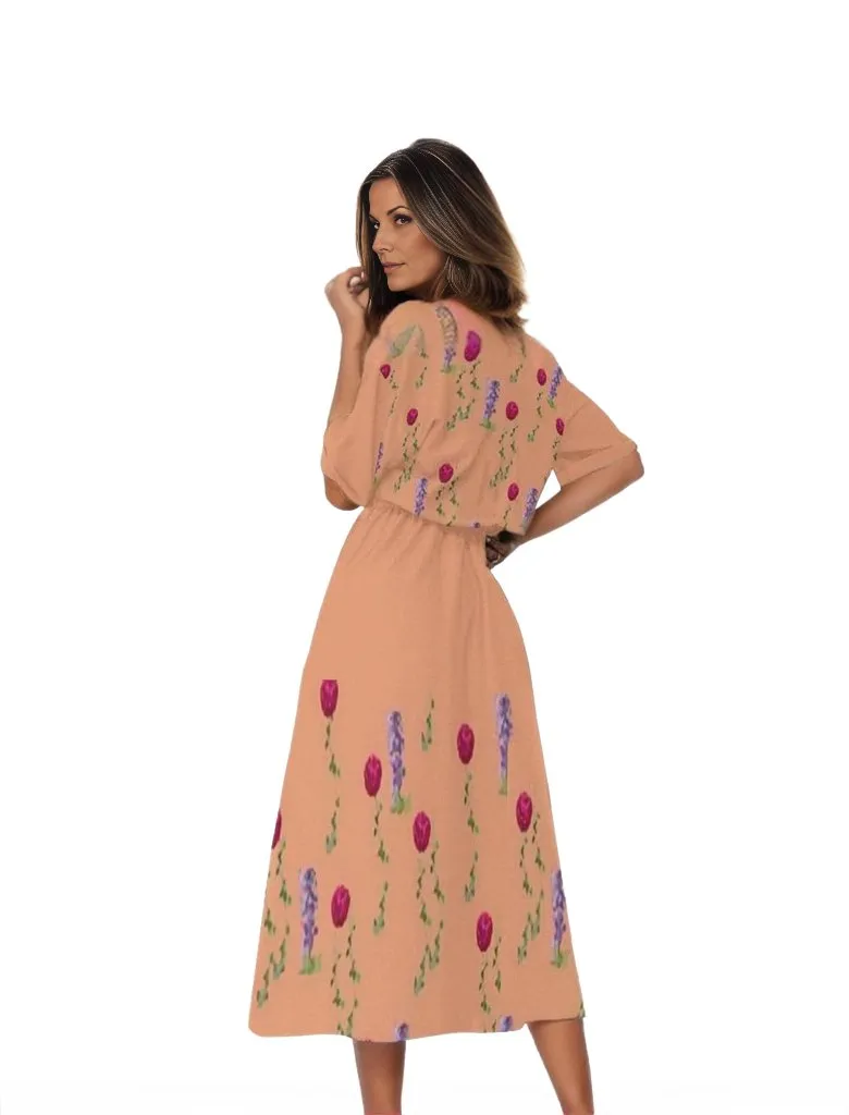 Peach Floral Womens Elastic Waist Dress