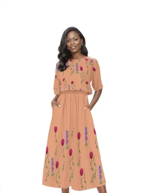 Peach Floral Womens Elastic Waist Dress