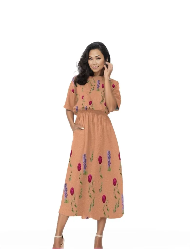 Peach Floral Womens Elastic Waist Dress