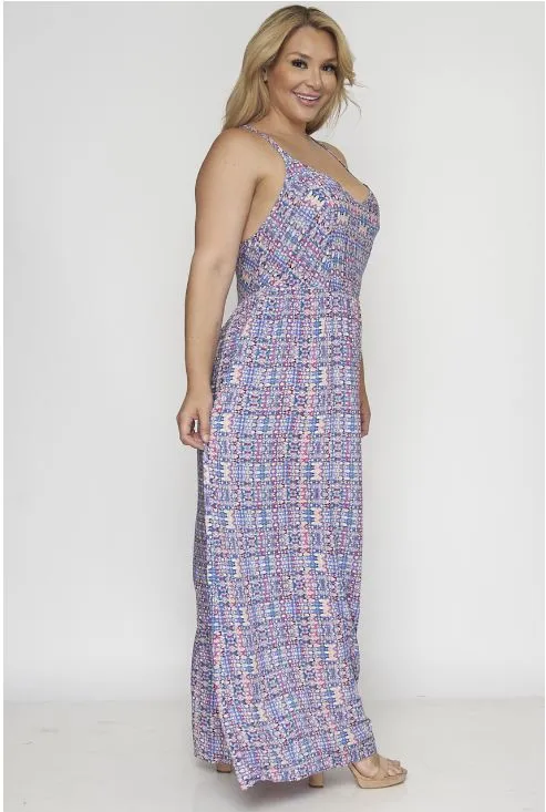 Pink and Blue Plus Size Maxi Dress