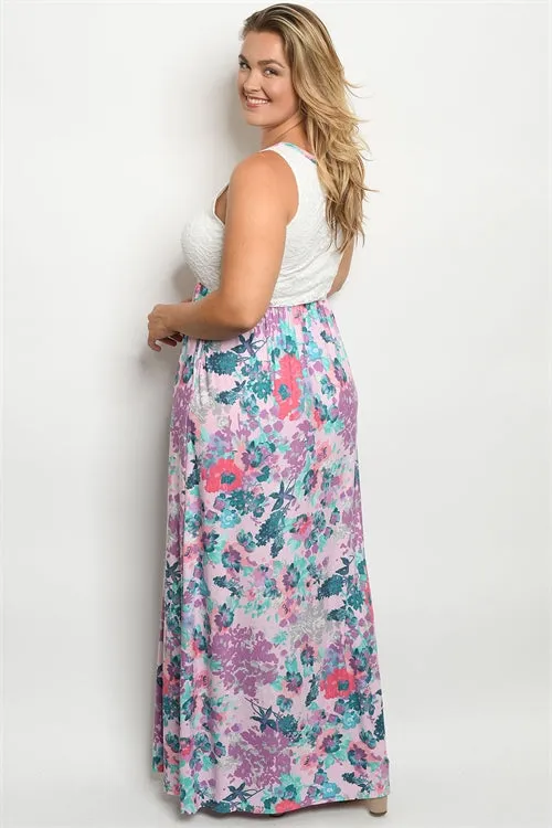 Pink Floral Lace Accent Plus Size Maxi Dress