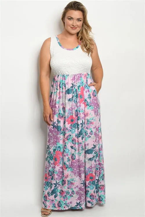 Pink Floral Lace Accent Plus Size Maxi Dress