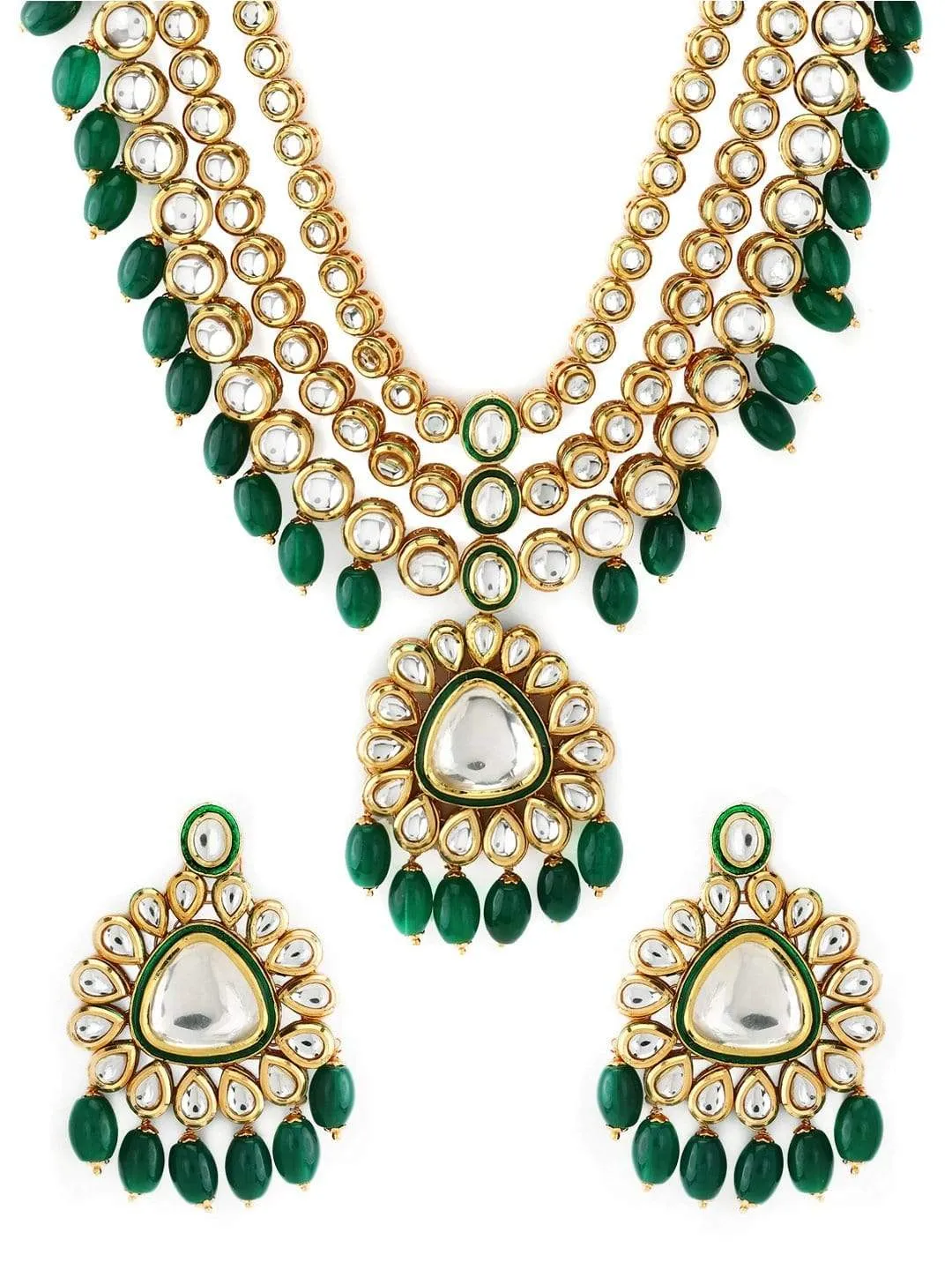 Pooja Raina in Kundan layered Necklace with Green Hangings.