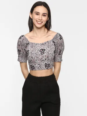 Porsorte Women Purple Cotton Printed Smocked Crop Top