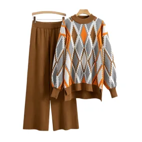 Pre Order:  Argyle Loose Knit Sweater   Pants Set