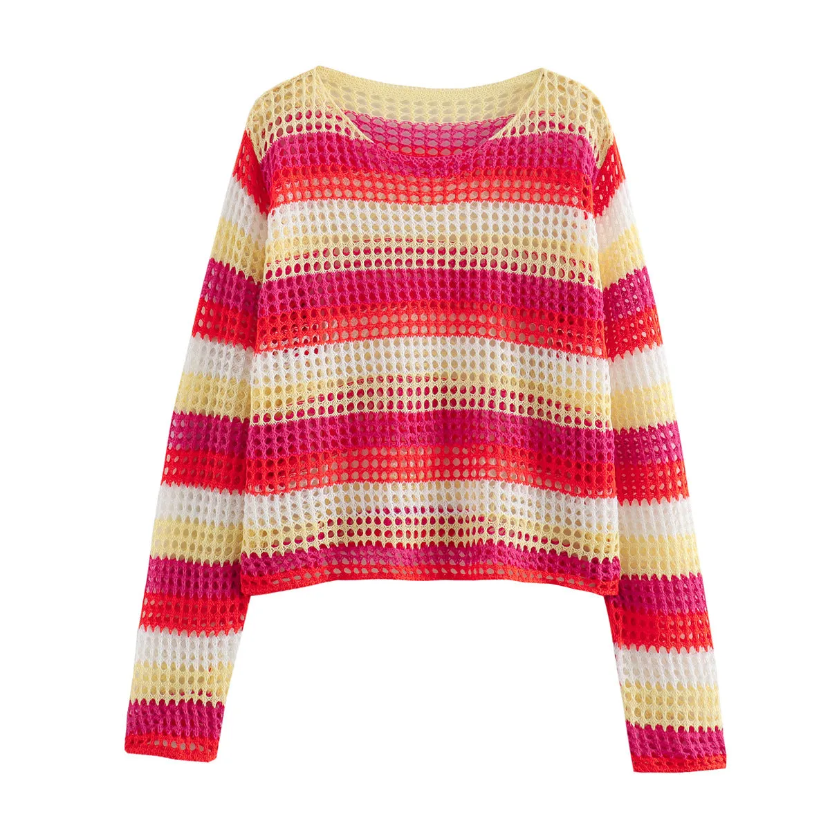 Pre Order:  Casual Round Neck Hollowed Out Striped Loose Knit Sweater