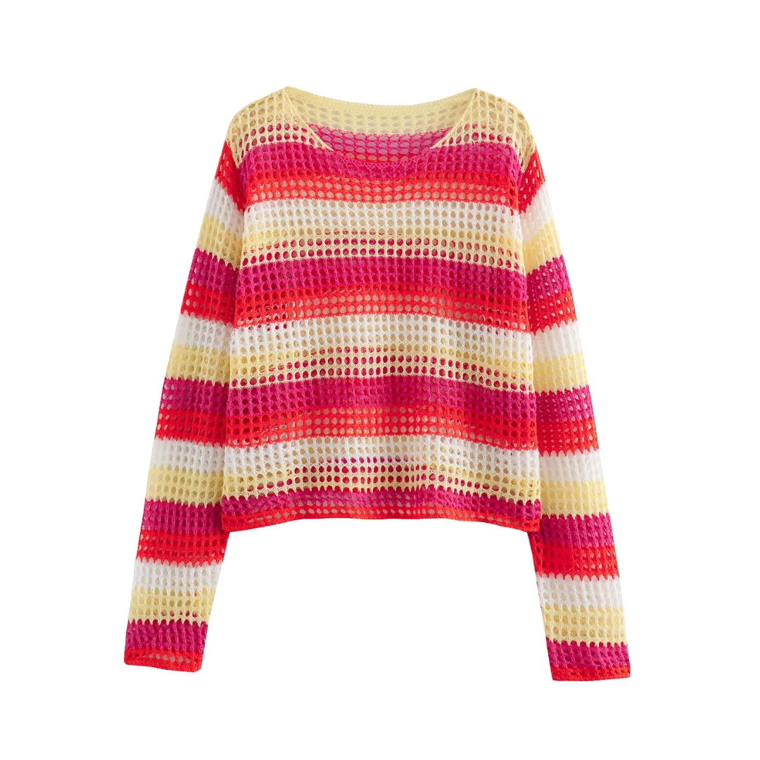 Pre Order:  Casual Round Neck Hollowed Out Striped Loose Knit Sweater