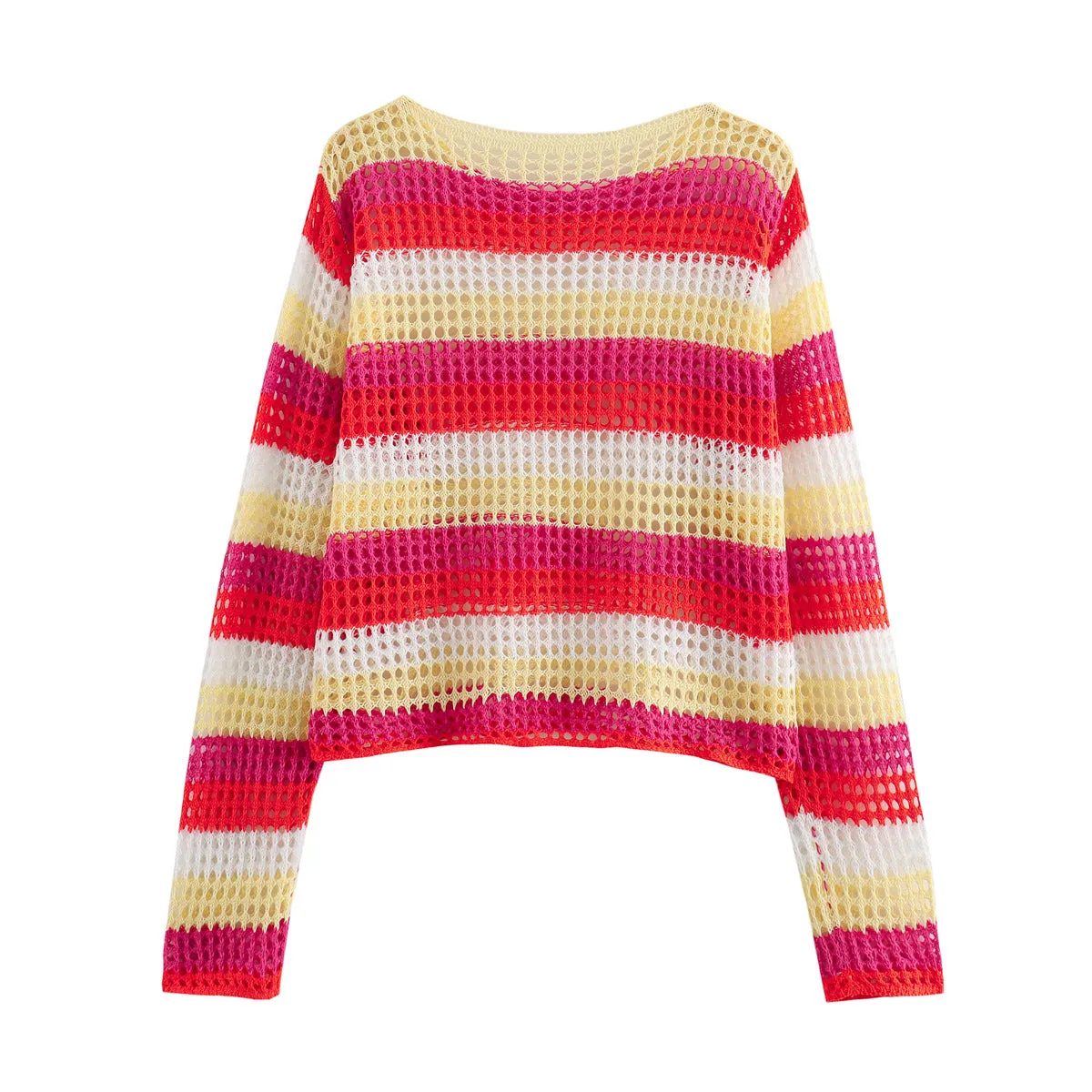 Pre Order:  Casual Round Neck Hollowed Out Striped Loose Knit Sweater