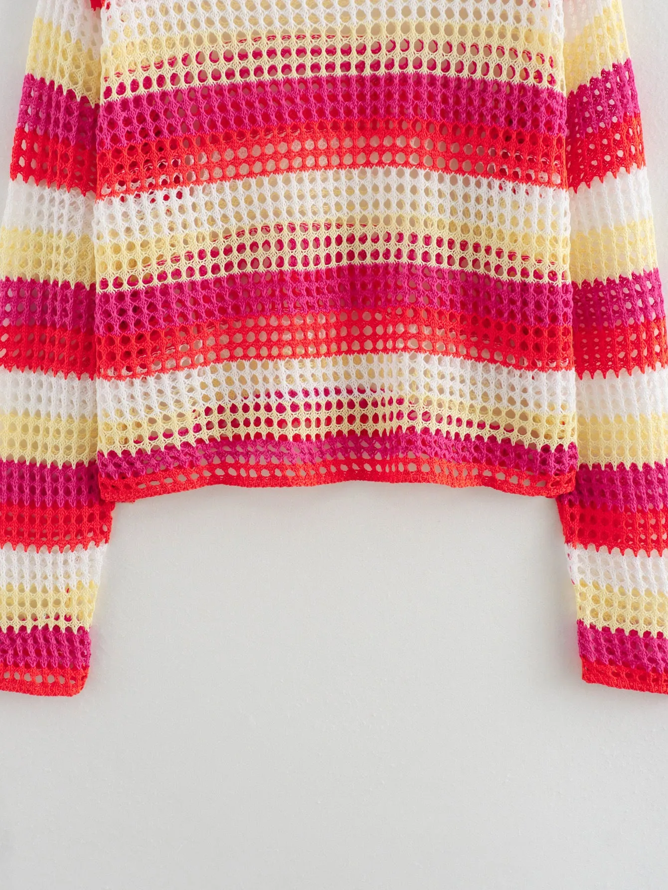 Pre Order:  Casual Round Neck Hollowed Out Striped Loose Knit Sweater