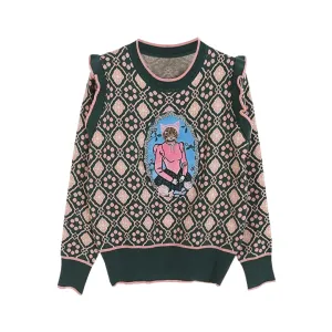 Pre Order:  Cat Embroidery Plaid Long Sleeve Knitted Sweater