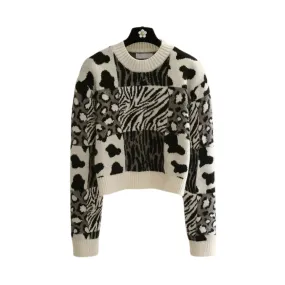 Pre Order:  Crew Neck Knitted Animal Printed Sweater