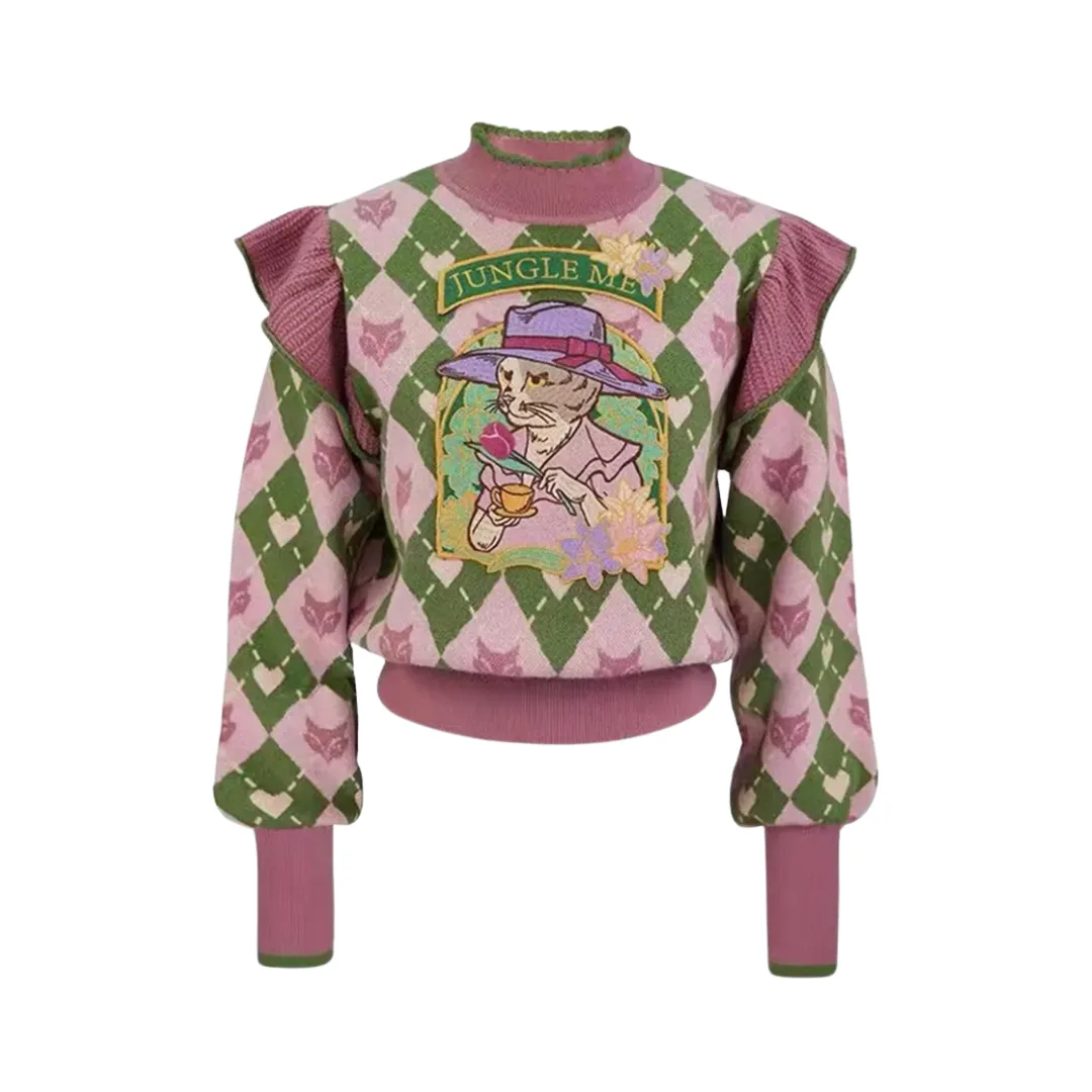 Pre Order:  Diamond Grid Cat Afternoon Tea Embroidered Sweater