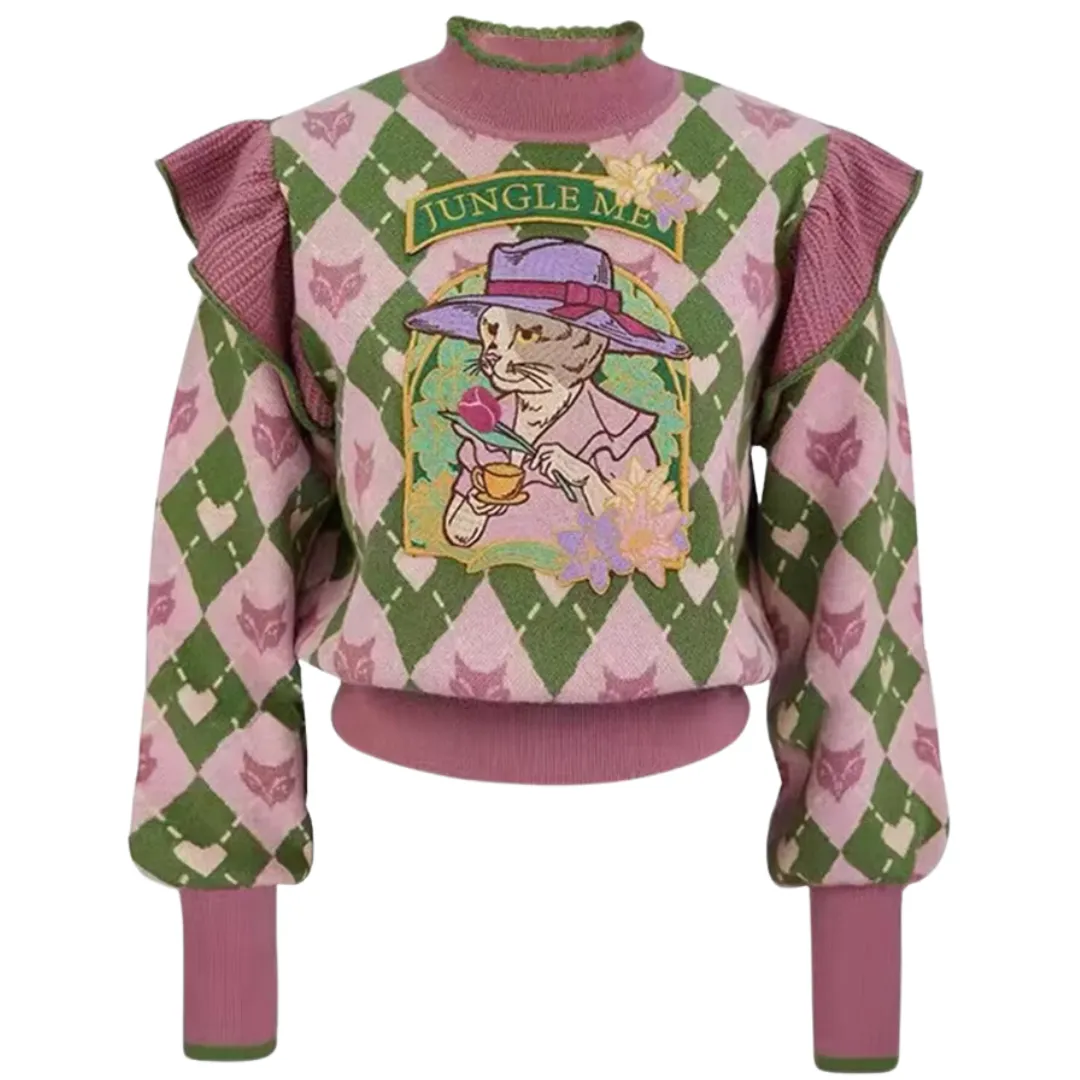 Pre Order:  Diamond Grid Cat Afternoon Tea Embroidered Sweater