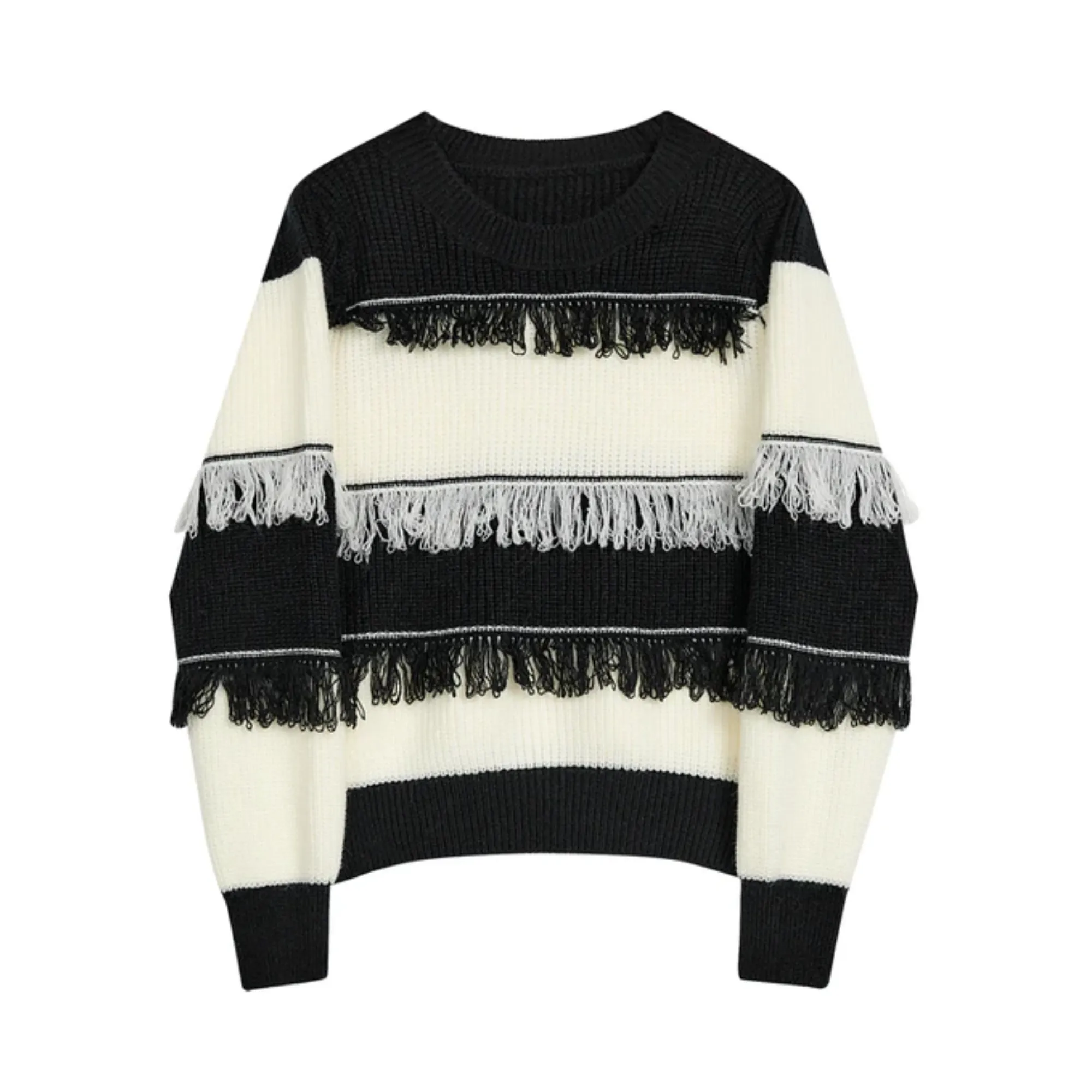 Pre Order:  Fringe Contrast Stripes Knit Sweater