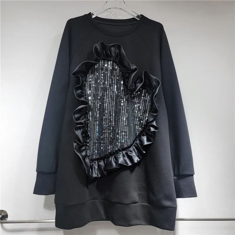 Pre Order:  Heart-Shaped Sequin Splicing Loose Long Sleeved Sweater