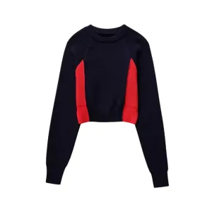 Pre Order:  Round Neck Long Sleeved Color Block Knitted Sweater