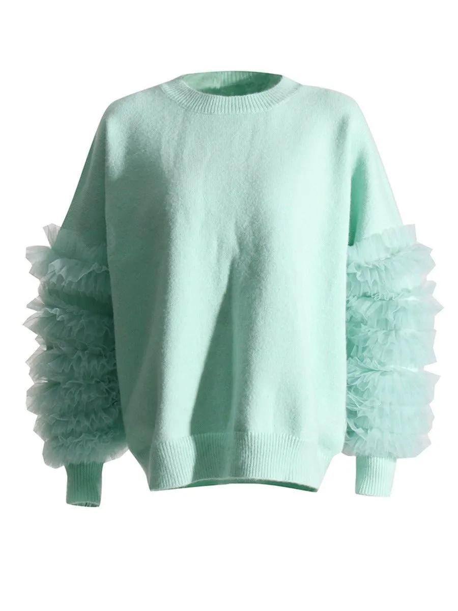 Pre Order:  Ruffled Mesh Sleeves Knit Sweater