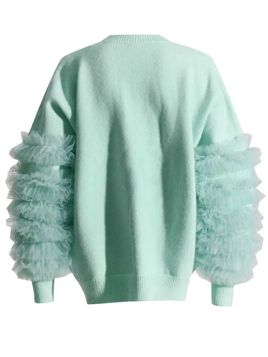 Pre Order:  Ruffled Mesh Sleeves Knit Sweater