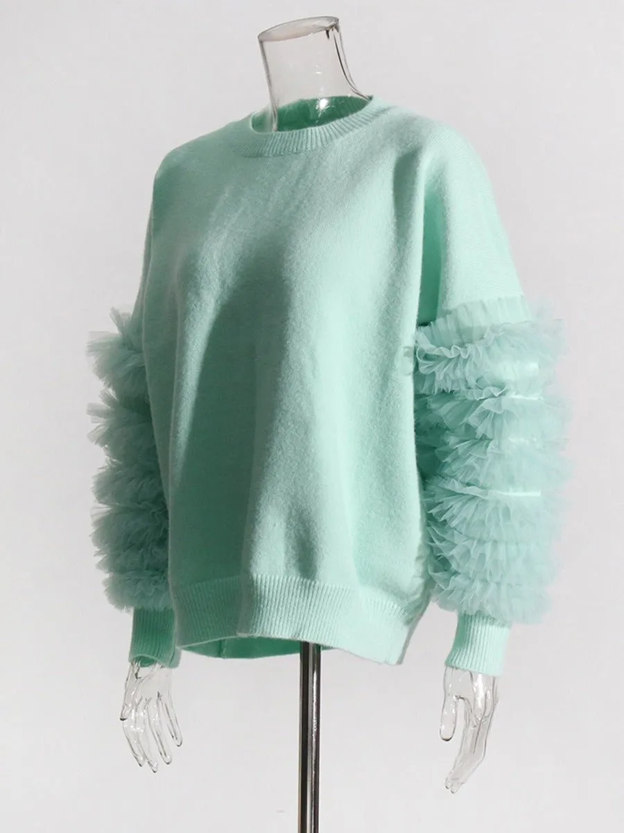 Pre Order:  Ruffled Mesh Sleeves Knit Sweater