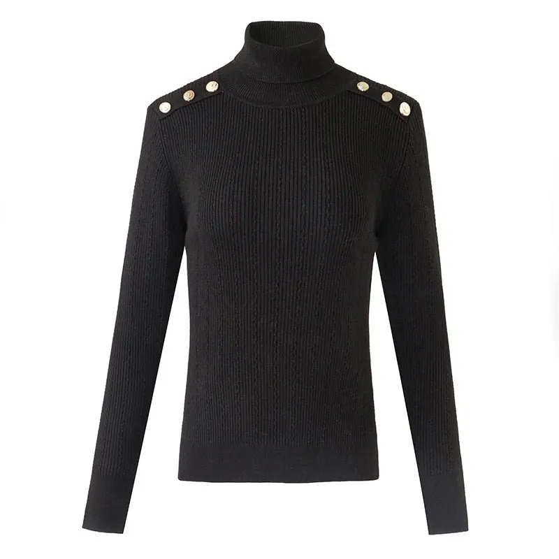 Pre Order:  Shoulder Buttons Turtleneck Knit Sweater