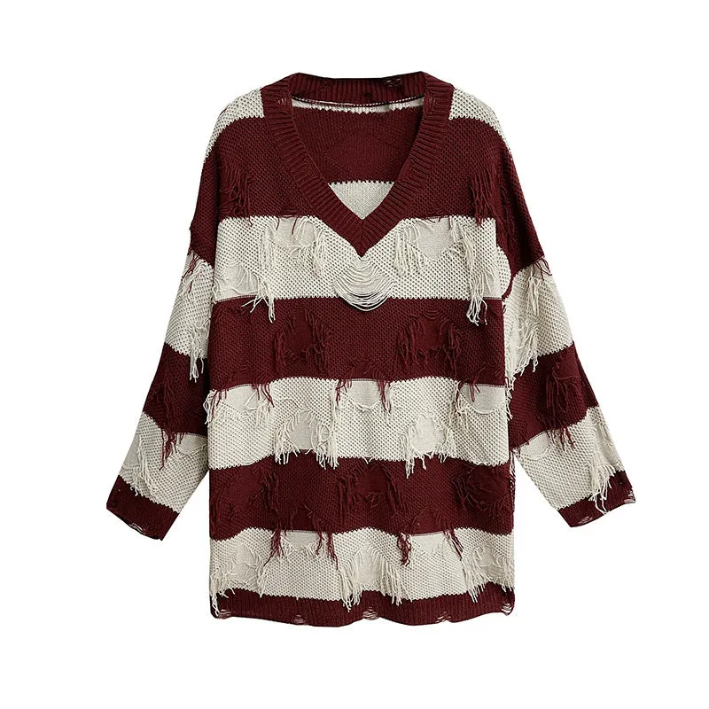 Pre Order:  Striped Tassel V-Neck Loose Knitted Sweater