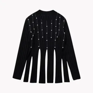 Pre Order:  Tassel Split Hem Faux Pearls Sweater