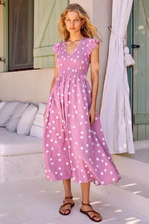 Radiant Ruby Pink Polka Dot Pleated Midi Dress