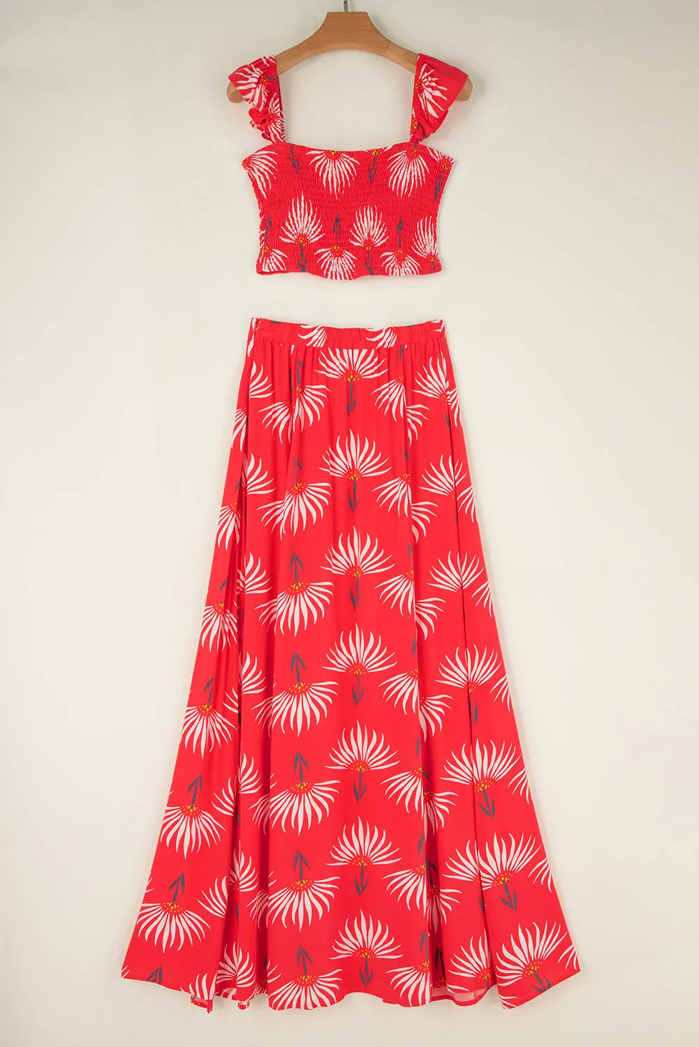 Red Floral Shirred Off Shoulder Crop Top and Slit Maxi Skirt Set