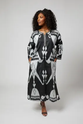 Regina Silk Ikat Kaftan /  Maxi-Dress - Black, Silver