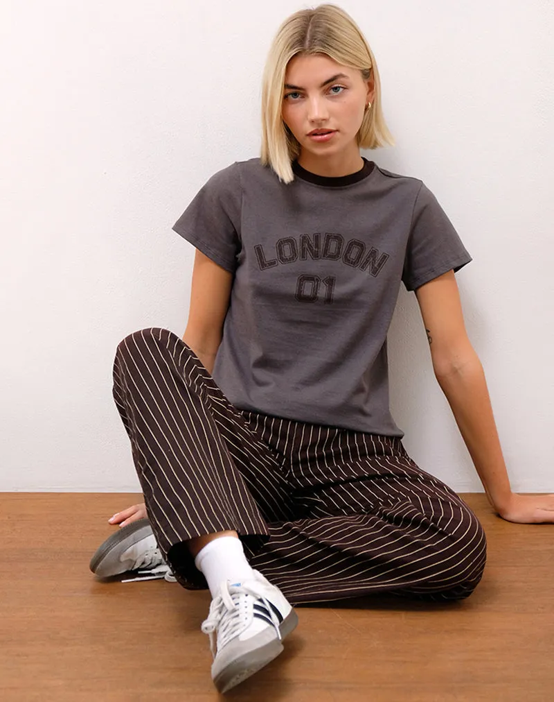 Sakha Boxy Tee in Dark Grey with London Print and Brown Binding