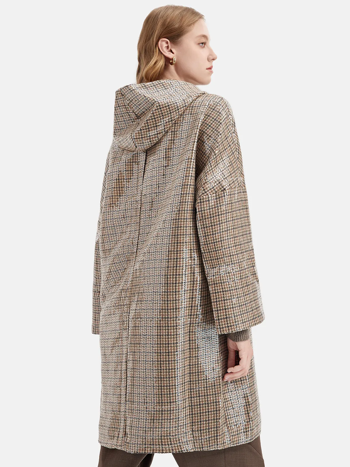 Sequin Plaid Wool Hooded Cape