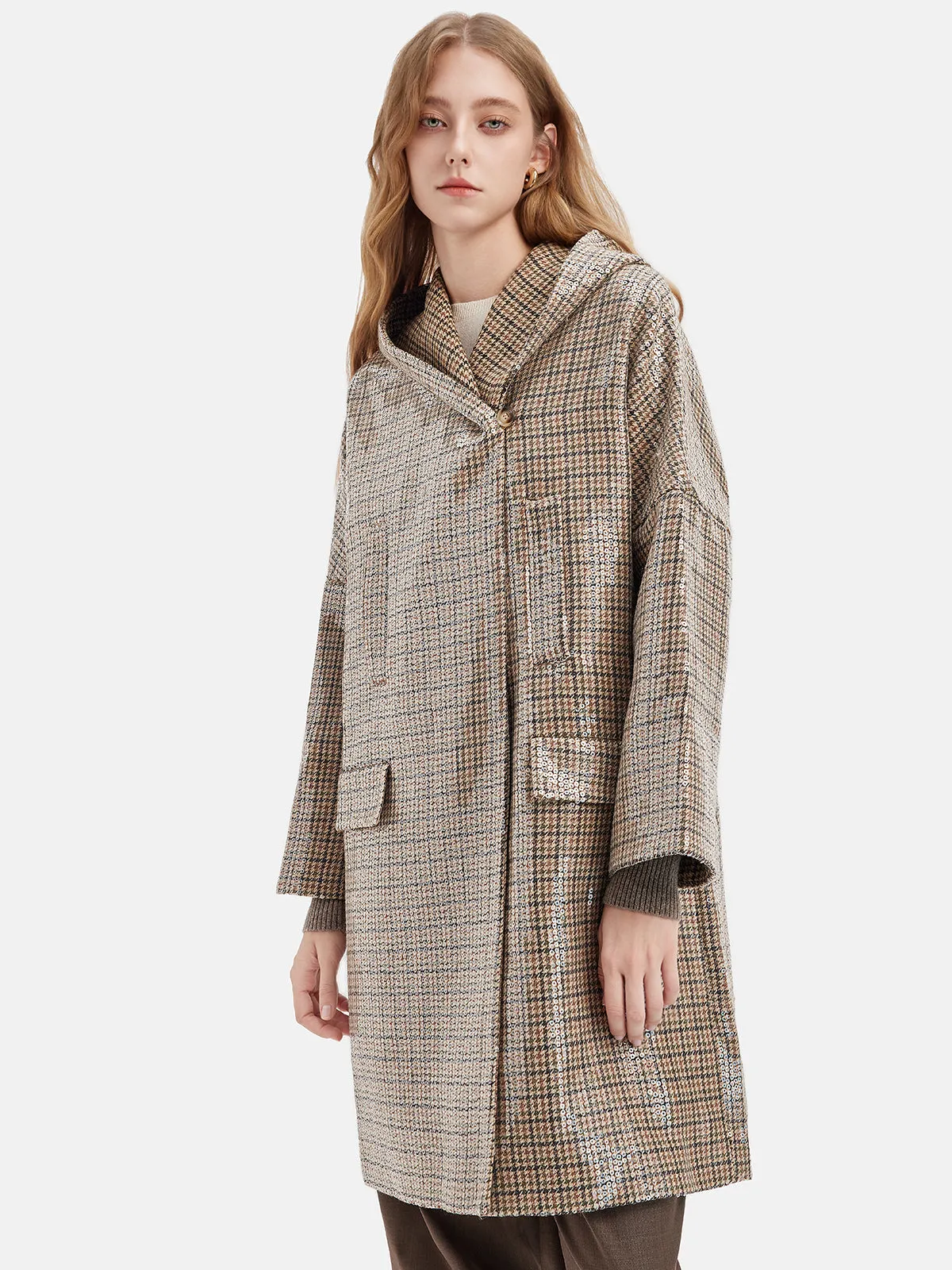 Sequin Plaid Wool Hooded Cape