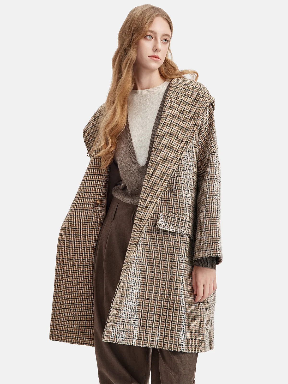 Sequin Plaid Wool Hooded Cape