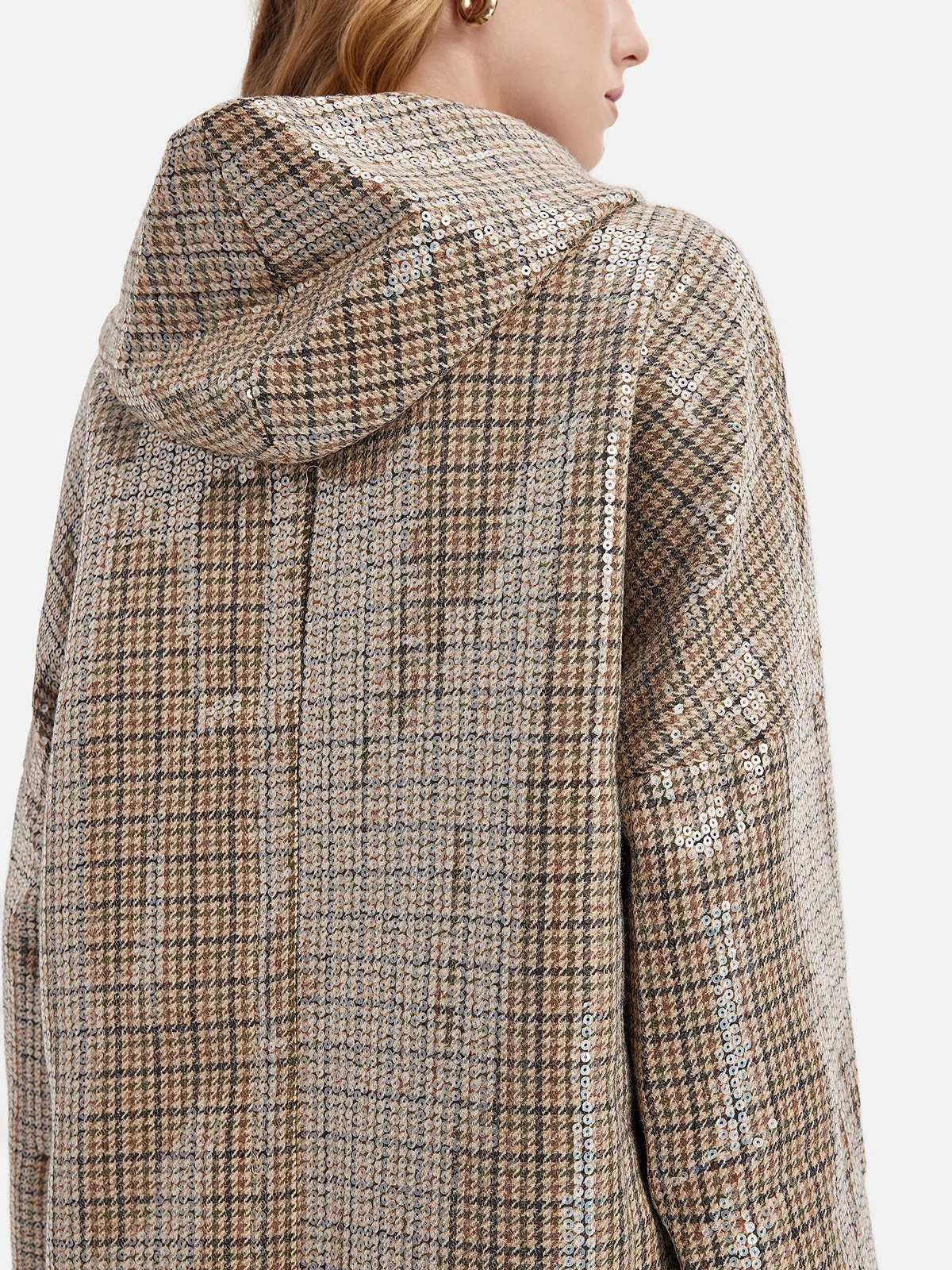 Sequin Plaid Wool Hooded Cape