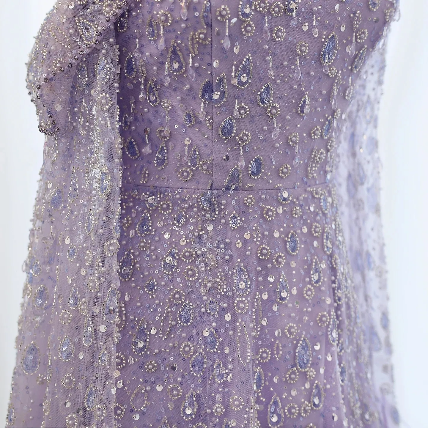 Sequined Feather One Shoulder Dress with Cape Sleeves