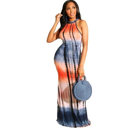 Sexy Tie Dye Striped Print Sleeveless Mermaid Dress 