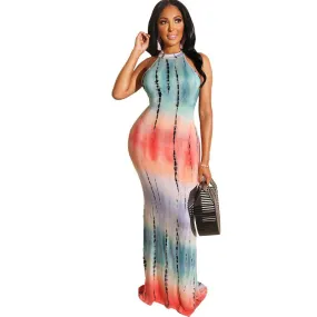 Sexy Tie Dye Striped Print Sleeveless Mermaid Dress 